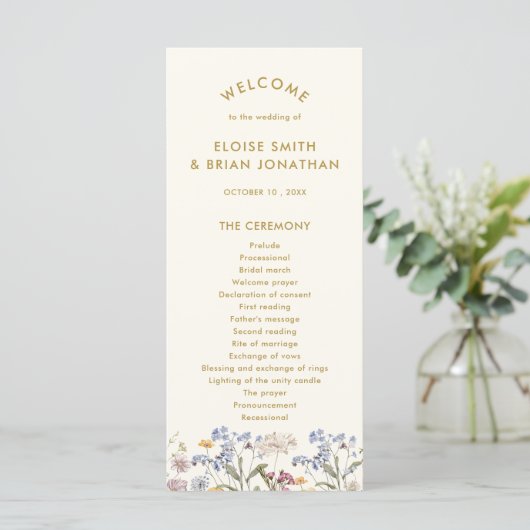 Kleurrijke Spring Wildflower Meadow Gold Wedding Programmakaart (Staand voorkant)