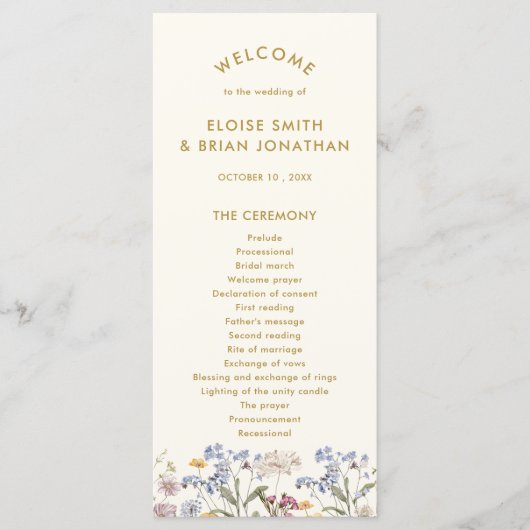 Kleurrijke Spring Wildflower Meadow Gold Wedding Programmakaart (Voorkant)