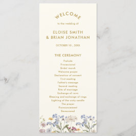 Kleurrijke Spring Wildflower Meadow Gold Wedding Programmakaart