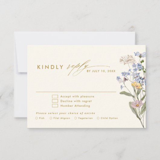 Kleurrijke Spring Wildflower Meadow Gold Wedding RSVP Kaartje (Voorkant)
