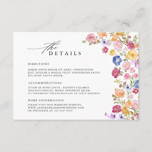 Kleurrijke Spring Wildflower Meadow Wedding Detail Informatiekaartje (Voorkant)
