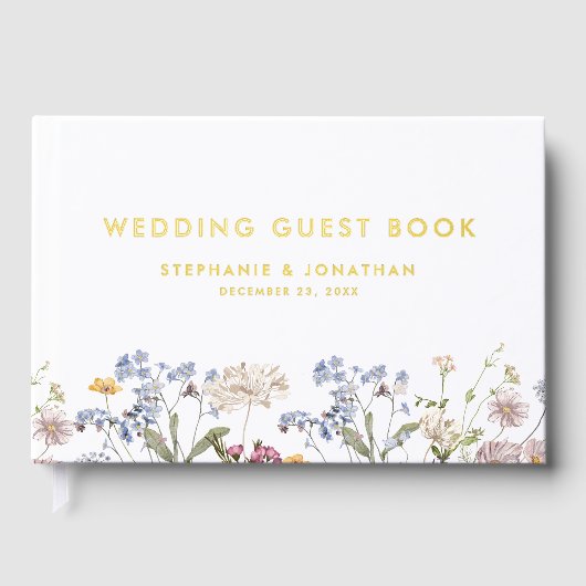 Kleurrijke Spring Wildflower Meadow Wedding Gold Gastenboek (Voorkant)