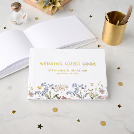 Kleurrijke Spring Wildflower Meadow Wedding Gold Gastenboek