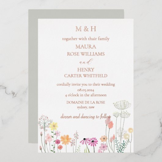 Kleurrijke Spring Wildflower Monogram Folie Uitnodiging (Voorkant / Achterkant)