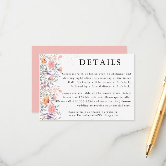 Kleurrijke Spring Wildflower Wedding Details Informatiekaartje (Voorkant / Achterkant in situ)