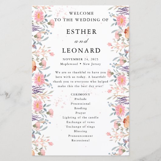 Kleurrijke Spring Wildflower Wedding Program (Voorkant)