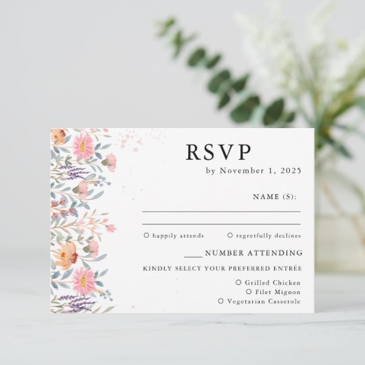 Kleurrijke Spring Wildflower Wedding RSVP Informatiekaartje (Staand voorkant)