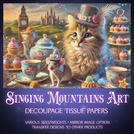 Kleurrijke sprookjesachtige kat en muis decoupage tissuepapier