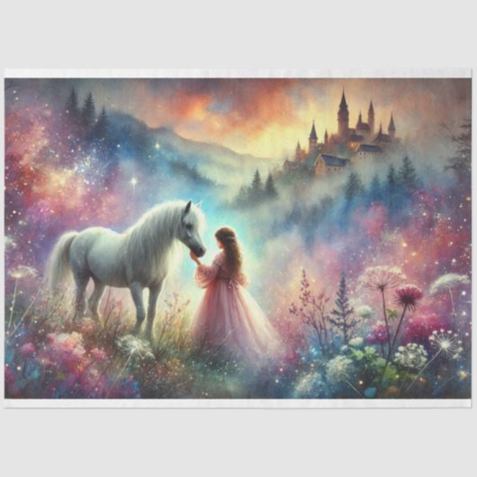 Kleurrijke Sprookjeskasteel Paard en Meisje Decoup Tissuepapier (Voorkant)