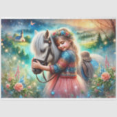 Kleurrijke Sprookjespaard en Bloemenmeisje Decoupa Tissuepapier (Voorkant)