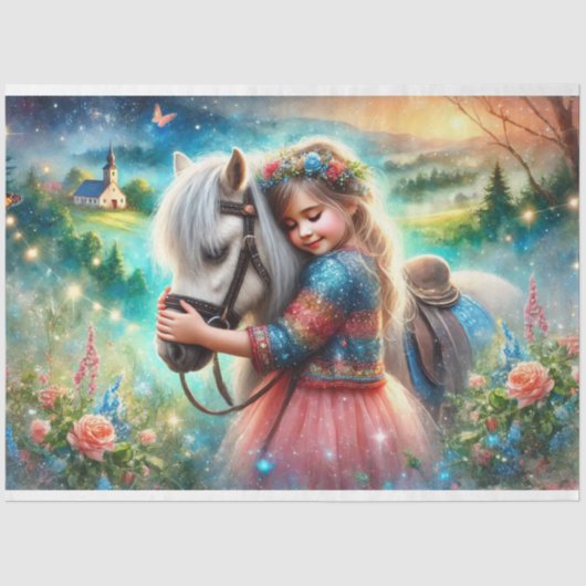 Kleurrijke Sprookjespaard en Bloemenmeisje Decoupa Tissuepapier (Voorkant)