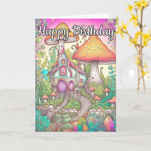 Kleurrijke Sprouting Mushroom Hut Illustratie Kaart (Gele Bloem)