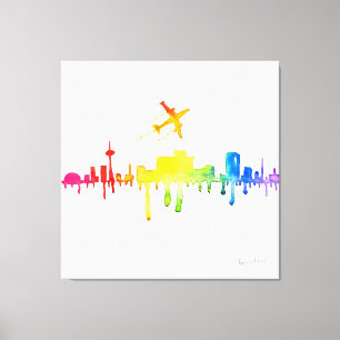 Kleurrijke stad en vliegtuig canvas afdruk