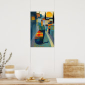 Kleurrijke stad met Karakterige kat Poster (Keuken)