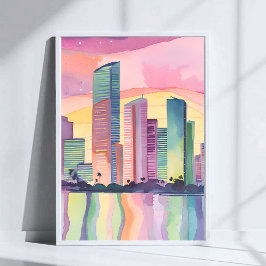 Kleurrijke Stad | Miami Florida Aquarel Skyline Poster