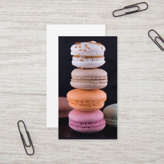 Kleurrijke stapel Franse Macarons Visitekaartje (Voorkant / Achterkant in situ)