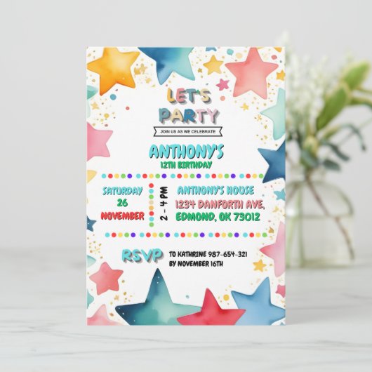 Kleurrijke Star Theme 12e verjaardag voor kinderen Kaart (Staand voorkant)