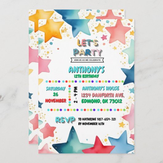 Kleurrijke Star Theme 12e verjaardag voor kinderen Kaart (Voorkant / Achterkant)