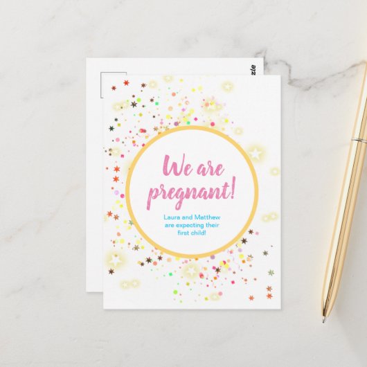 Kleurrijke sterren en Confetti Zwangerschap Aankon Briefkaart (Voorkant / Achterkant in situ)