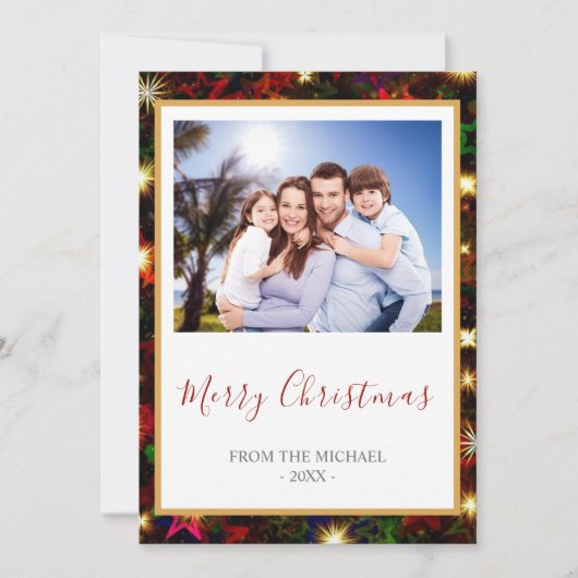 Kleurrijke sterren en lichte kerstfoto feestdagenkaart (Voorkant)