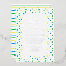 Kleurrijke sterren jongens 3e verjaardag folie uitnodiging