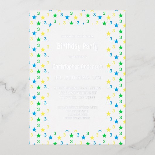 Kleurrijke sterren jongens 3e verjaardag folie uitnodiging (Voorkant)