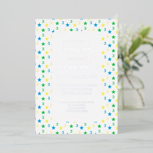 Kleurrijke sterren jongens 3e verjaardag folie uitnodiging (Staand Voorkant)