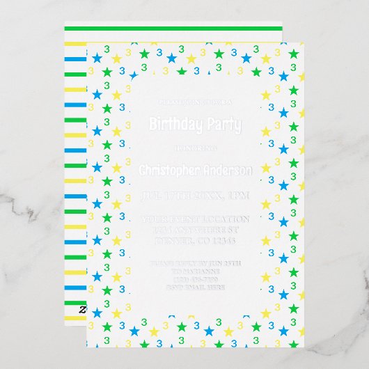 Kleurrijke sterren jongens 3e verjaardag folie uitnodiging (Voorkant / Achterkant)