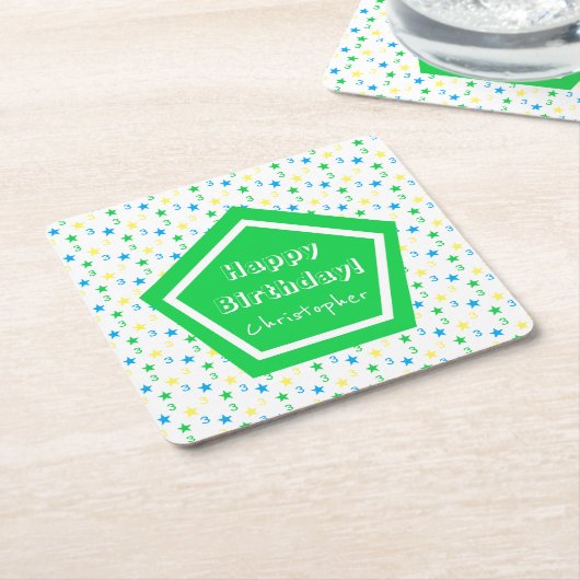 Kleurrijke sterren jongens 3e verjaardag kartonnen onderzetters (Schuin)