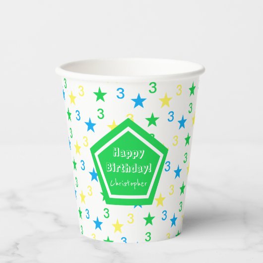 Kleurrijke sterren jongens 3e verjaardag papieren bekers (Voorkant)
