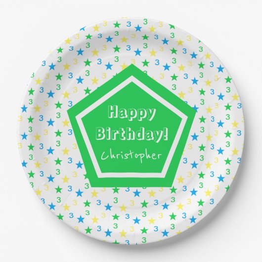 Kleurrijke sterren jongens 3e verjaardag papieren bordje (Voorkant)