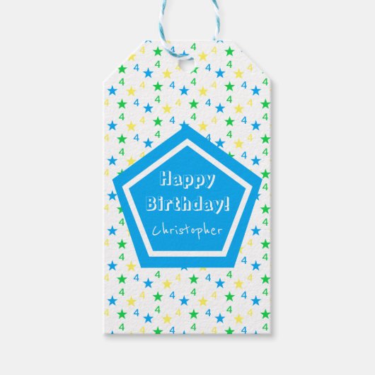 Kleurrijke sterren jongens 4e verjaardag cadeaulabel (Voorkant)