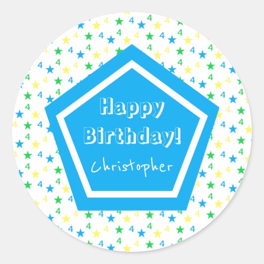 Kleurrijke sterren jongens 4e verjaardag ronde sticker (Voorkant)