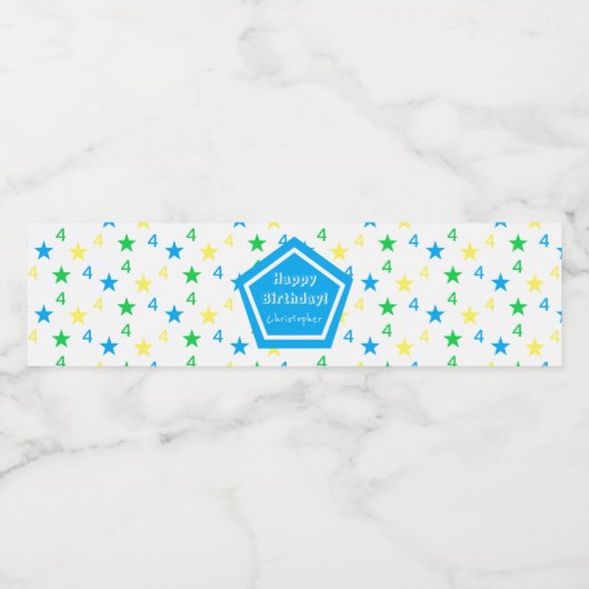 Kleurrijke sterren jongens 4e verjaardag waterfles etiket (Enkel label)