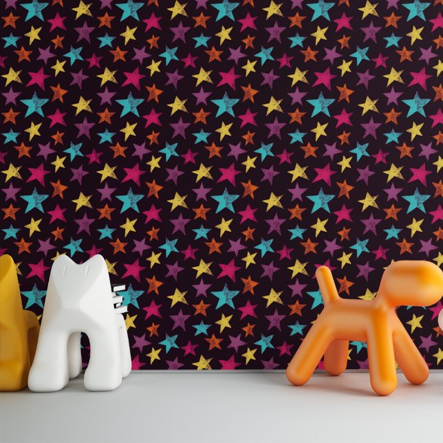 Kleurrijke sterren op donker Paarse patroon Behang (Creator heeft geüpload)