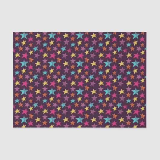 Kleurrijke sterren op donker Paarse patroon Tissuepapier (Voorkant)