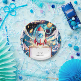 Kleurrijke sterren raket verjaardag papieren bordje