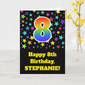 Kleurrijke Sterren + Regenboog Patroon "8" Verjaar Kaart (Gele Bloem)