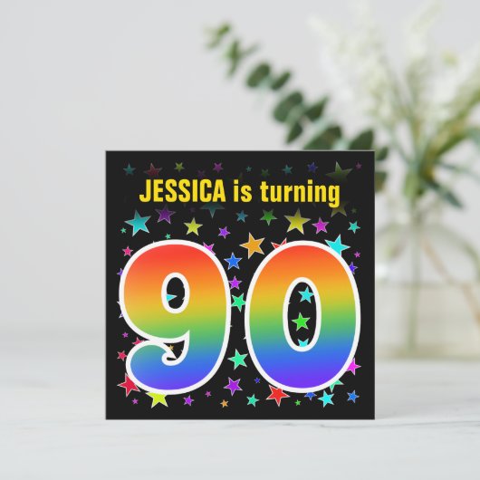 Kleurrijke Sterren + Regenboog Patroon "90" Verjaa Kaart (Staand voorkant)