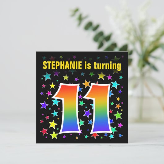 Kleurrijke Sterren + Regenboogpatroon "11" Verjaar Kaart (Staand voorkant)
