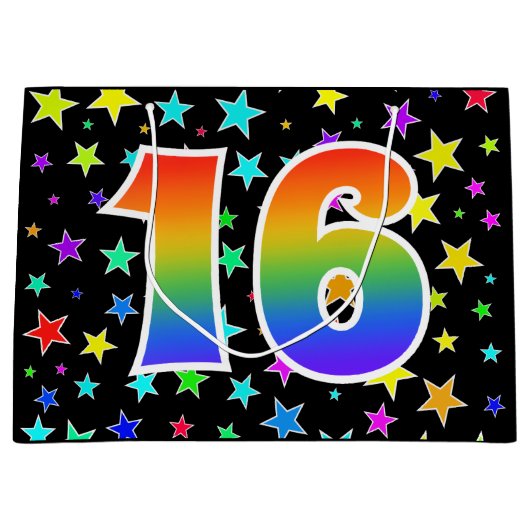Kleurrijke sterren + regenboogpatroon "16" Event # Groot Cadeauzakje (Voorkant)