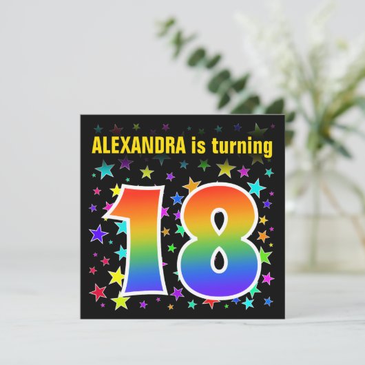 Kleurrijke Sterren + Regenboogpatroon "18" Verjaar Kaart (Staand voorkant)