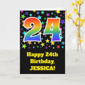 Kleurrijke sterren + regenboogpatroon "24" Verjaar Kaart (Gele Bloem)