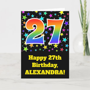 Kleurrijke sterren + regenboogpatroon "27" Verjaar Kaart