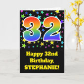 Kleurrijke sterren + regenboogpatroon "32" Verjaar Kaart (Gele Bloem)