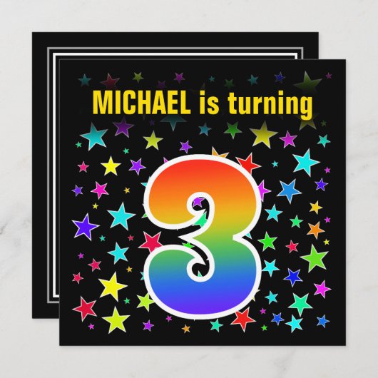 Kleurrijke sterren + regenboogpatroon "3" Birthday Kaart (Voorkant / Achterkant)