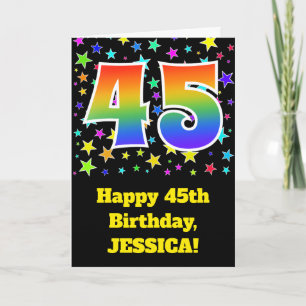 Kleurrijke sterren + regenboogpatroon "45" Verjaar Kaart