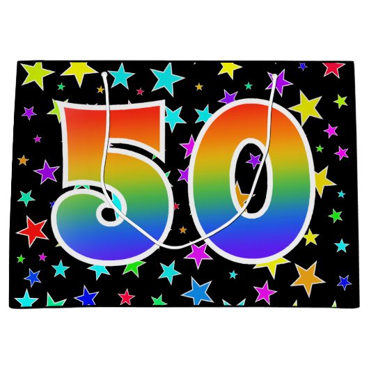 Kleurrijke sterren + regenboogpatroon "50" Event # Groot Cadeauzakje (Voorkant)