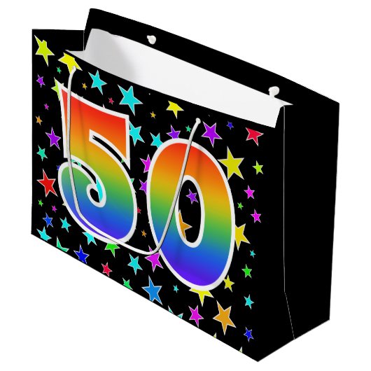Kleurrijke sterren + regenboogpatroon "50" Event # Groot Cadeauzakje (Voorkant Gekanteld)
