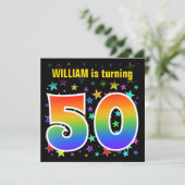 Kleurrijke sterren + regenboogpatroon "50" Verjaar Kaart (Staand voorkant)